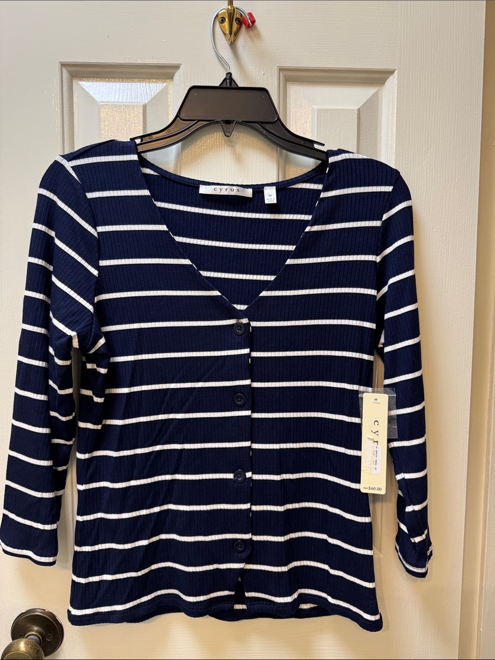 Cyrus Navy and White Striped Ribbed Button-Front Top
